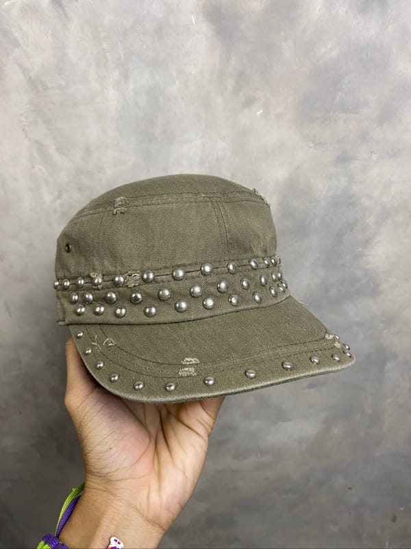 y2k Studed Cadethat Distressed Sage Green Punk Style, foto 2