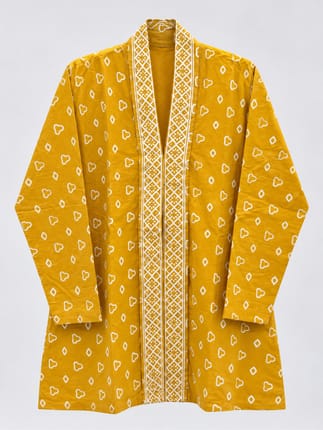 Outer Kimono Wanita Mustard Motif Geometris Putih Long Sleev