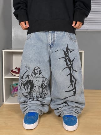 Baggy Jeans Light Blue Angel Print