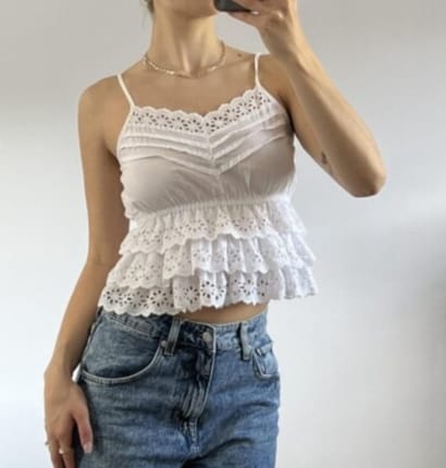 White embroidered broderie lace ruffle crop top