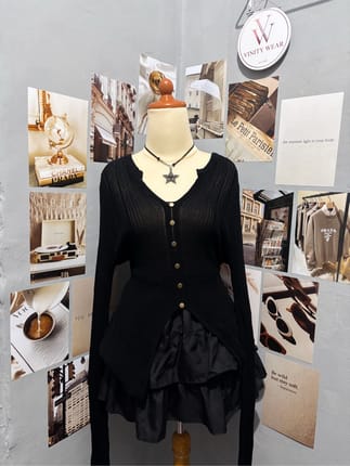 Long Knit Black Cardigan V-neck Button