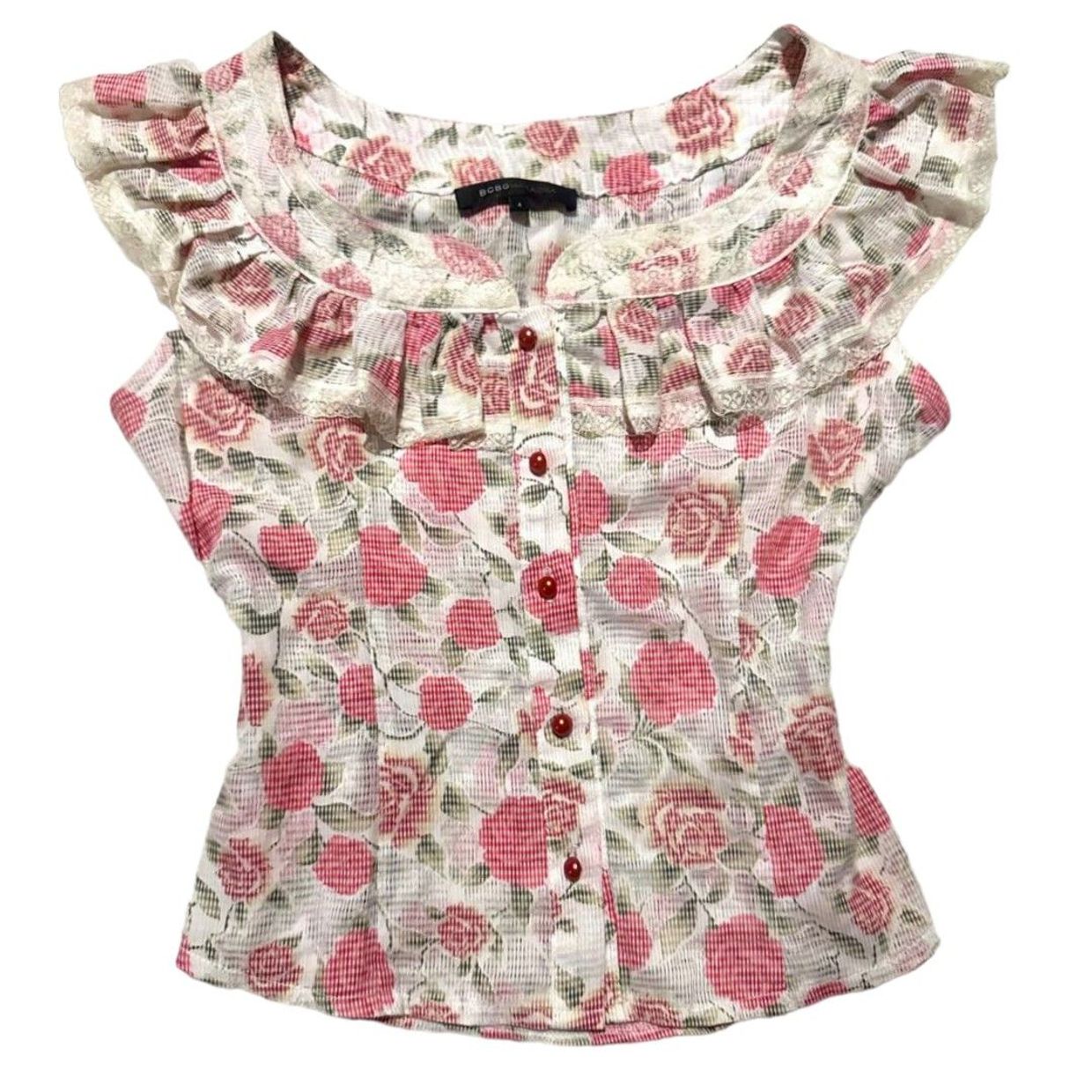 BCBG Max Azria Cottagecore Coquette Blouse Wanita white pink