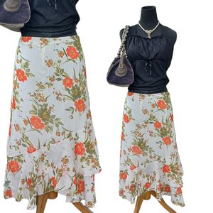 Y2K Cottagecore Maxi skirt Wanita white orange