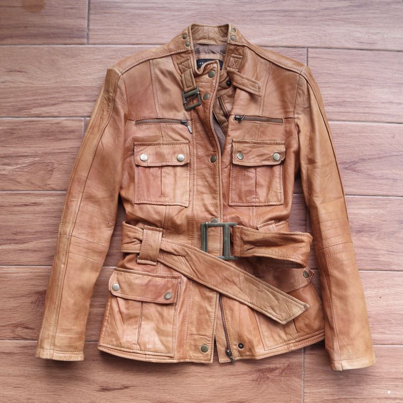 Casual Leather jacket Wanita tan brown, foto 2