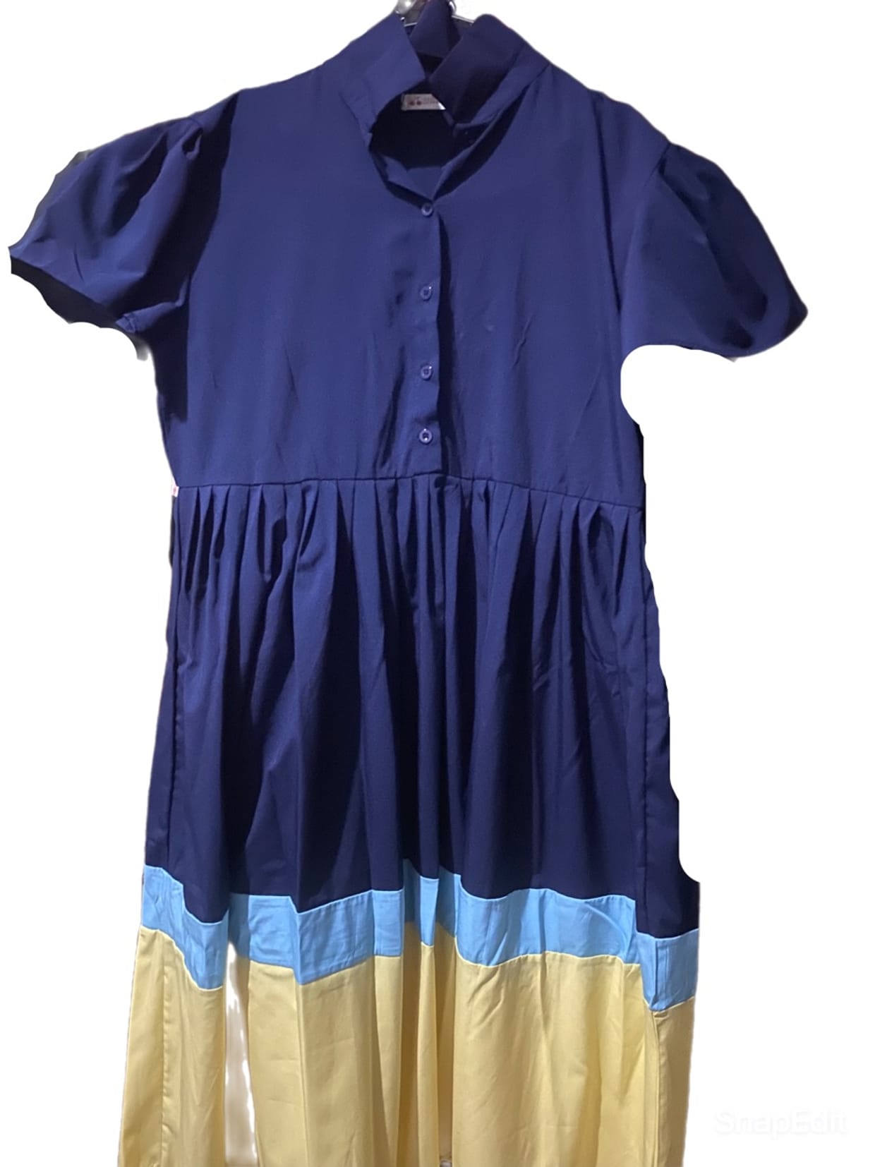 Vintage Midi dress Wanita blue yellow