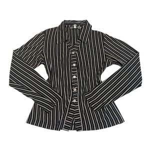 Vintage Black & White Stripe V Neck Collared Button Up