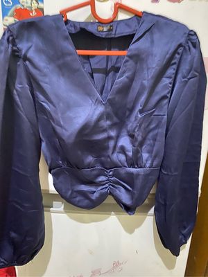 V-Neck Long Sleeve Pleated Satin Blouse Top