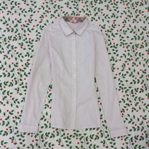 Vintage purple stripe white cotton fitted button up blouse