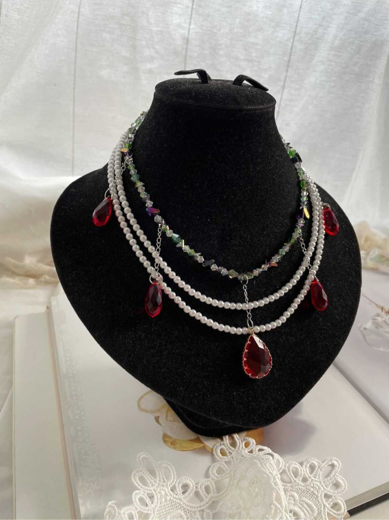 Vintage Victorian Renaissance Red Ruby Garnet Pearl Necklace, foto 2