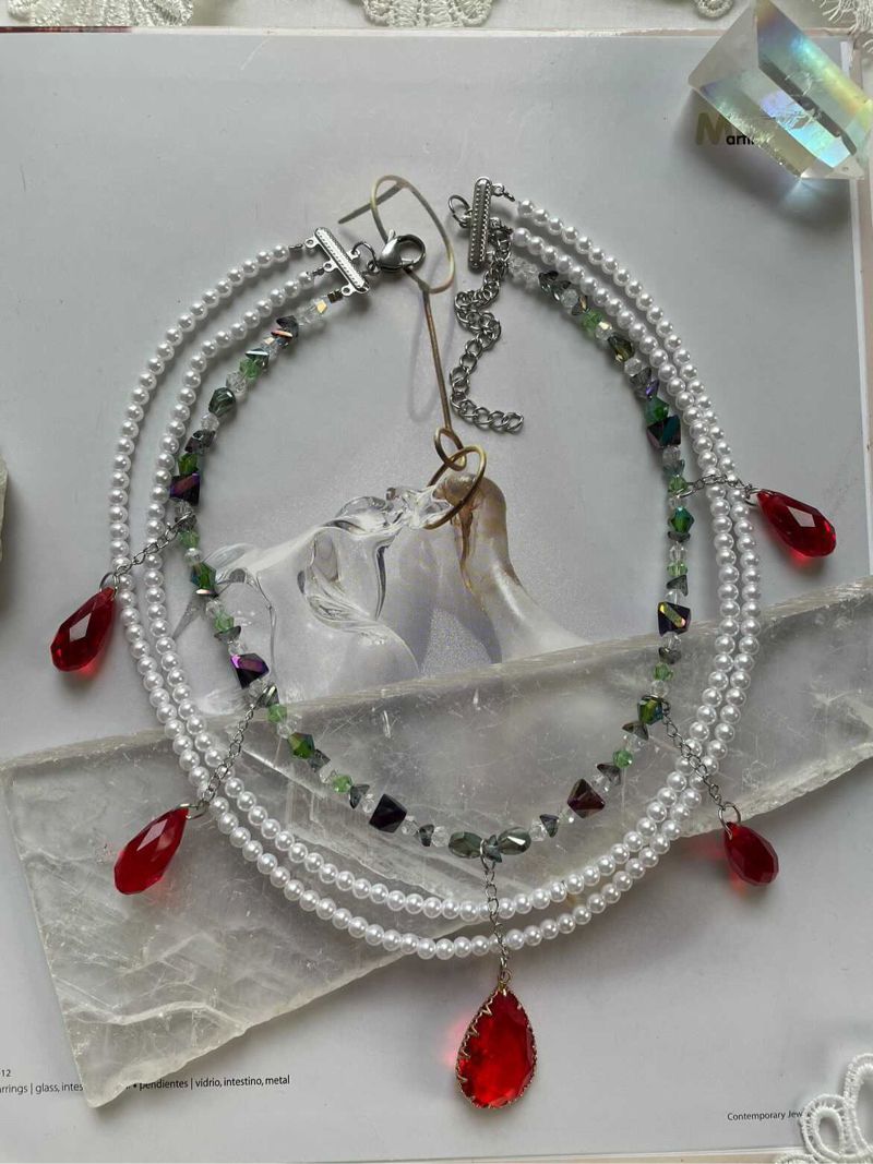 Vintage Victorian Renaissance Red Ruby Garnet Pearl Necklace, foto 4