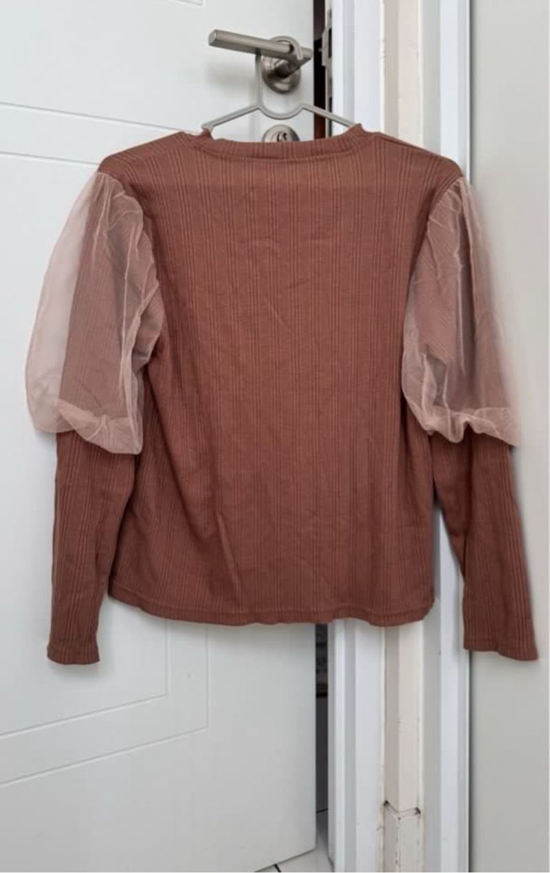 Brown Long Balloon Sleeved Ribbed Top, foto 2