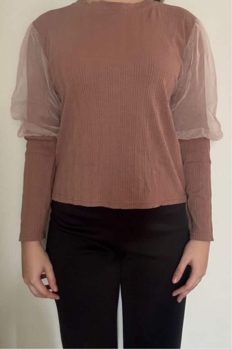 Brown Long Balloon Sleeved Ribbed Top, foto 4