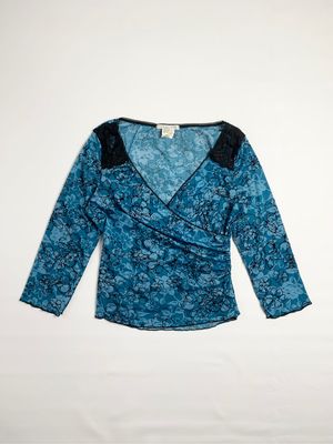 2000s La Belle New York Blue Sea Flower Graphic Longsleeve T