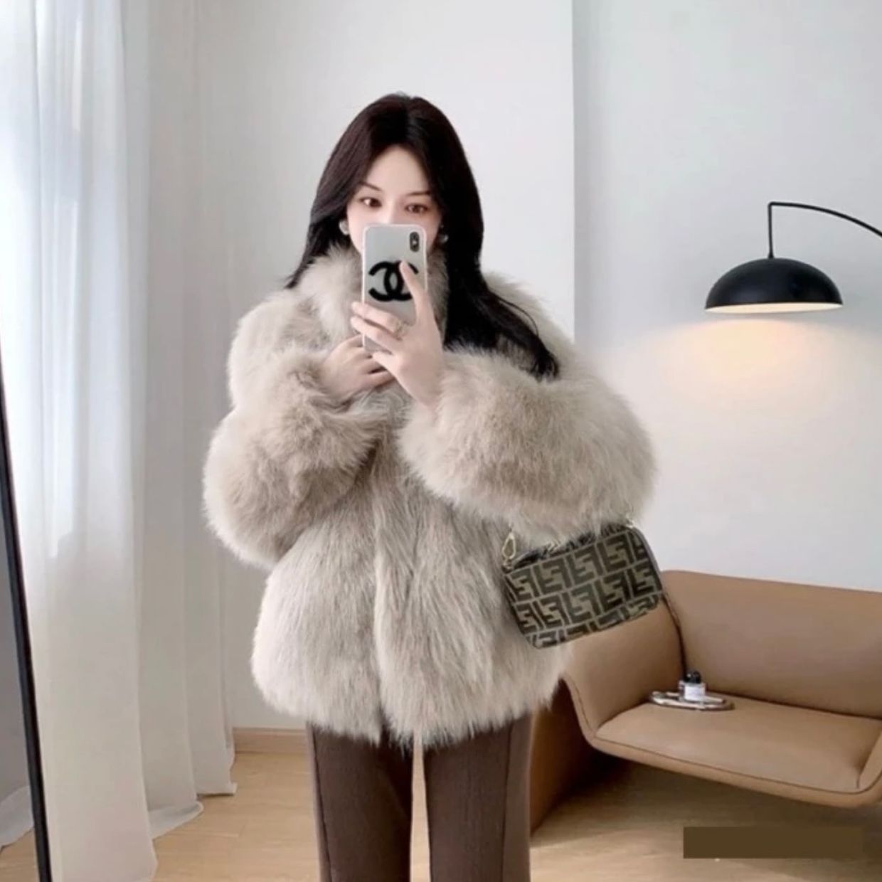 Vintage Luxury Fur coat Wanita tan cream