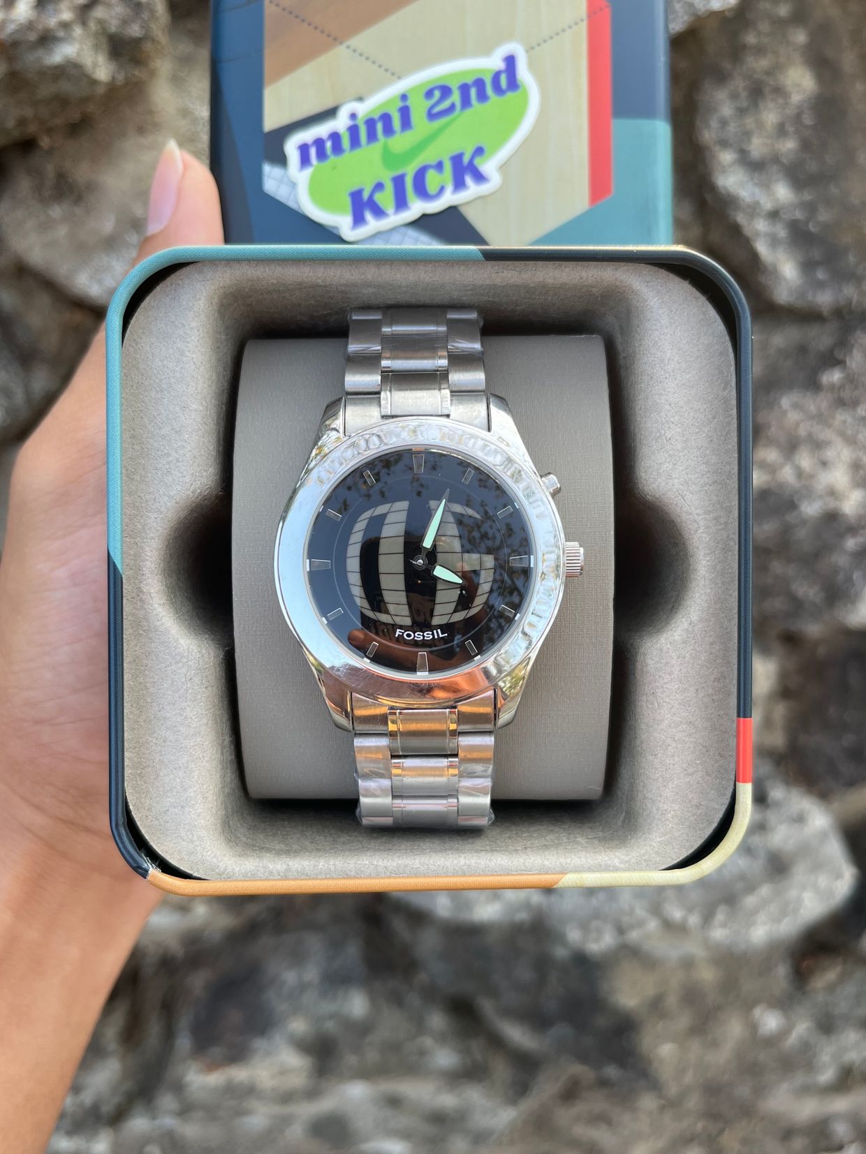 FOSSIL BIGTIC Y2K 時計 watch y2k FOSSIL Big Tic JR-8122, Animated Black Watch, Steel Band, Box