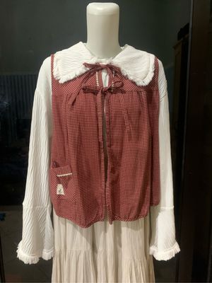 Vest maroon | outer tartan tali depan | flare white top