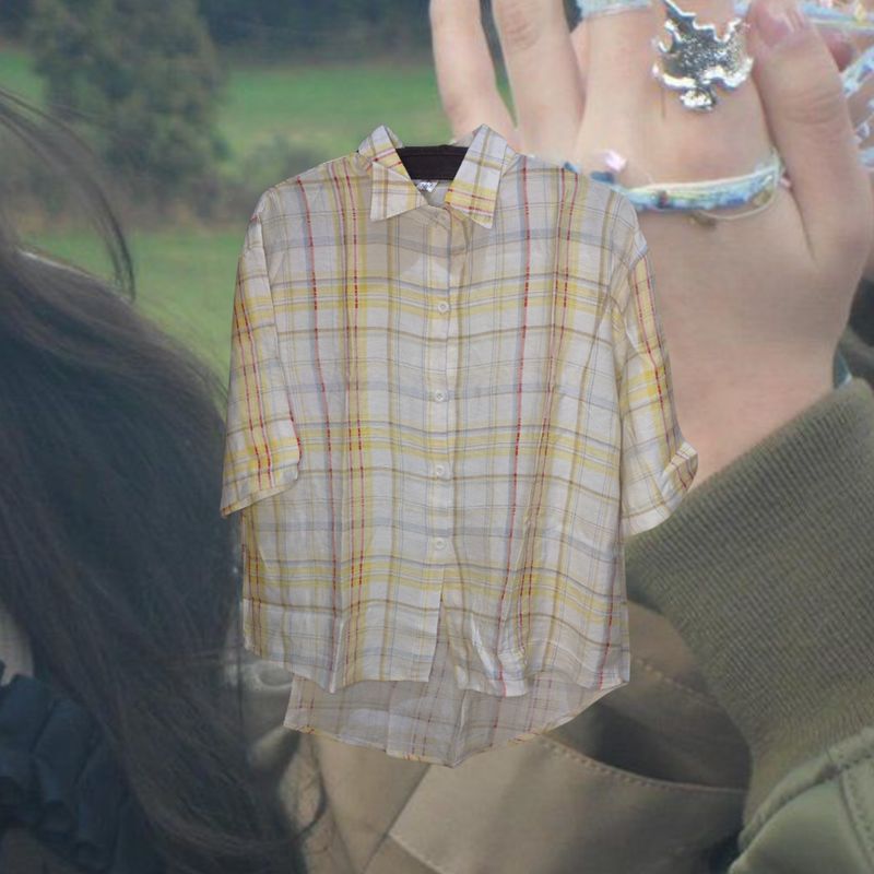 kemeja pendek kuning plaid y2k, foto 2