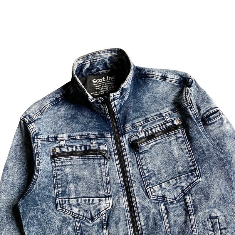 Scot Inc distressed stretch biker denim jacket washed indigo, foto 3