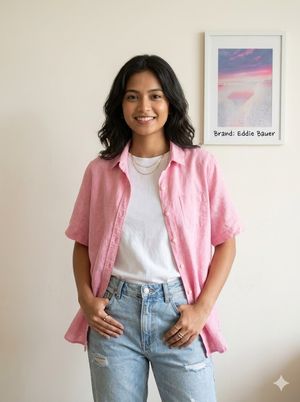 Kemeja pendek katun linen pink
