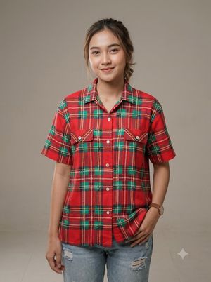Kemeja pendek kotak merah hijau