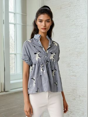 Blue Stripe with Bird Prints Shirt Size S-M
