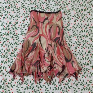 vintage pink red black floral midi skirt with ruffles