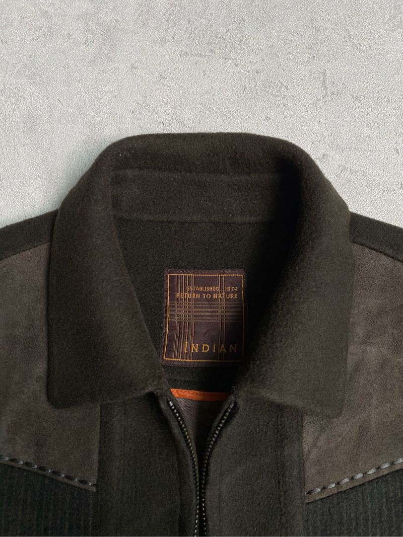 INDIAN Pattern Suede Brown/Olive Wool Work Jacket, foto 4