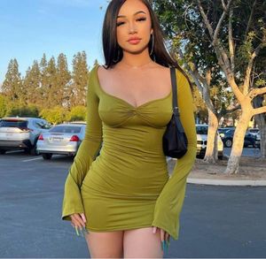 Sexy V Neck Front Chest Twisted Slim Bodycon Dress Women Lon