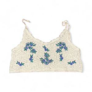 Crochet Crop Top knitted white & blue flower