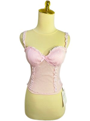 NIMO WANG Coquette Pink Sheer Ribbon Lace Corset Tanktop Bra