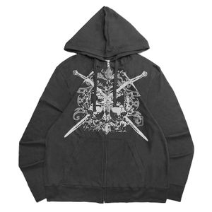 Y2K Vintage Hoodie Zip Up Gothic Crossed Swords Shield