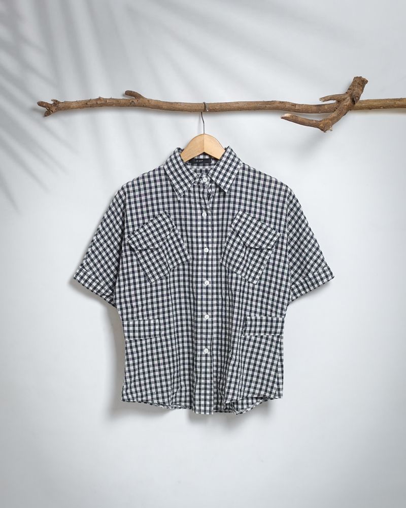 Blouse Kemeja Lengan Pendek Button-Up Kotak, foto 3