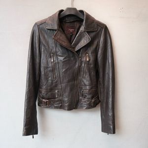 Jaket kulit asli domba ramones cewek coklat tua biker wanita