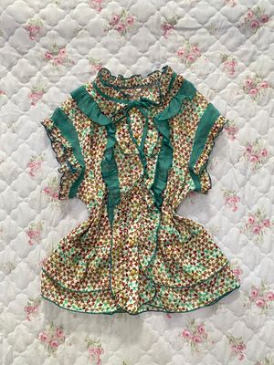 top fullprint lace ruffle green fairy farm cute vintage rare