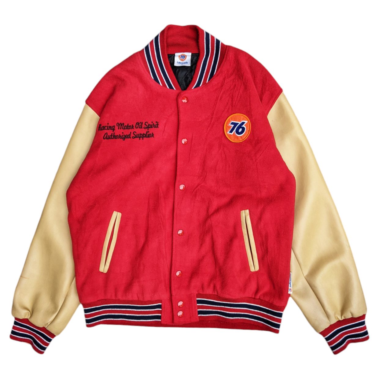 Union 76 Men's Cream & Red Varsity Jacket - Preloved Union 76 Men's Cream & Red Varsity Jacket - Preloved