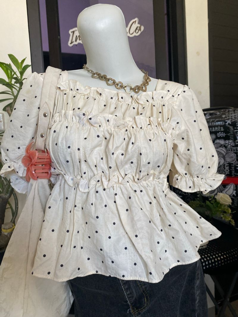 Cream Polka Smocked Blouse, foto 2