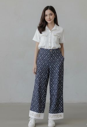 Setelan LOUIS Monogram Style VIRAL! Set Crop Kemeja & Celana