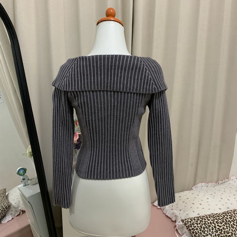 Off-Shoulder Ribbed Knit Cardigan with 2 zipper, foto 6