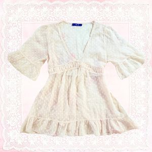 sheer coral polka dot milkmaid blouse ruffle flare sleeves