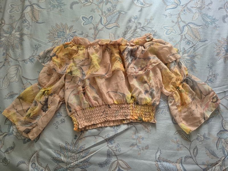Off Shoulder Crop Top Chiffon Motif Bunga, foto 2
