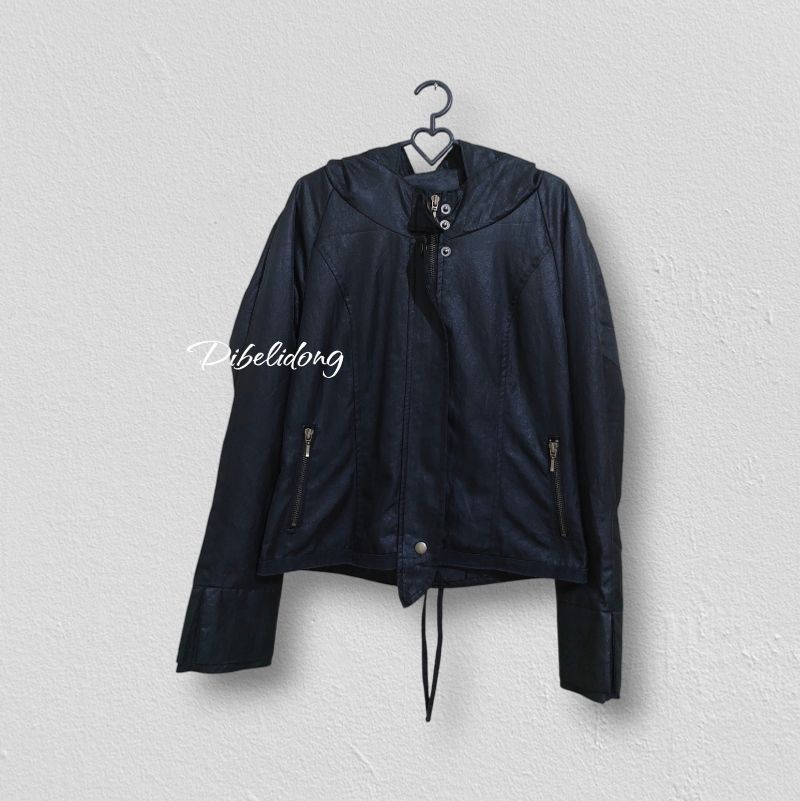 Jaket hoodie hitam biker, foto 5