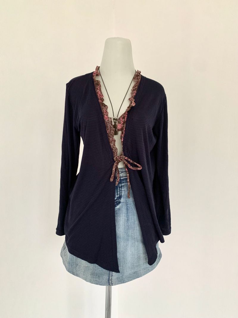 Navy blue open knit stripes cardigan, foto 6