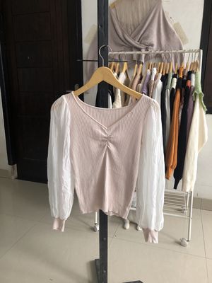 Atasan rajut mix sifon lidi kutub pressbody warna pink soft