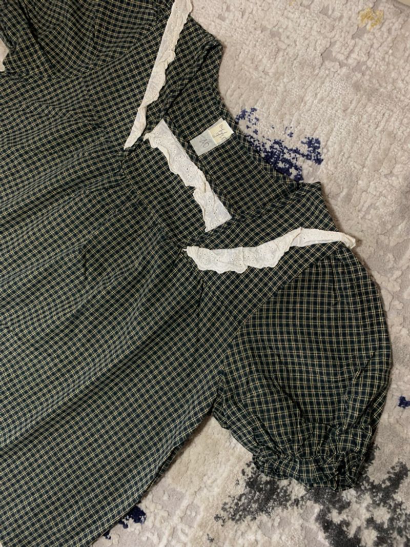 Vintage Gingham Puff Blouse With Lace Trim, foto 3