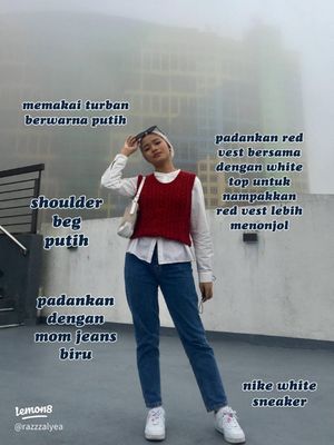 Atasan One Set Kemeja putih Vest merah