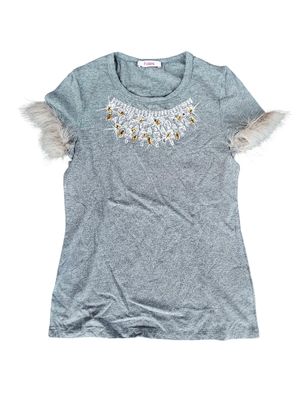 Folies embroidery with fur & beads detail t shirt