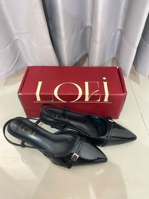 high heels loei wanita hitam glossy