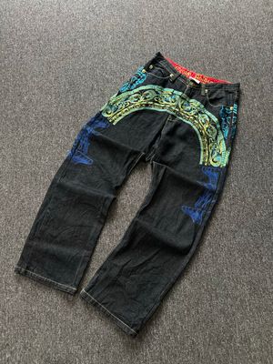 Vintage Crown Holder Embroidery Denim Pants
