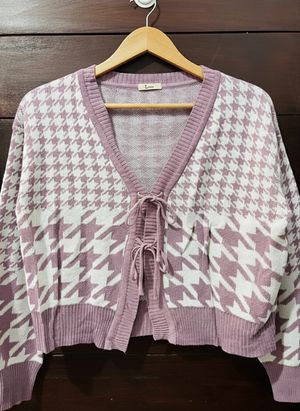 Cardigan Houndstooth Rajut Lengan Panjang