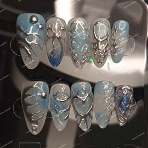 Press on nails nail art silver aqua abstract
